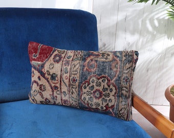 Almohada para sofá, almohada para sillón, funda de cojín Kilim de 12x20, almohada Kilim turca, cojín azul, almohada rectangular, almohada para alfombra,