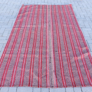 Vintage Turkish Area Rug, Red Striped Design, Handmade 5x8ft, Traditional Home Decor, Elegant Bohemian Accent, Unique Living Room Carpet