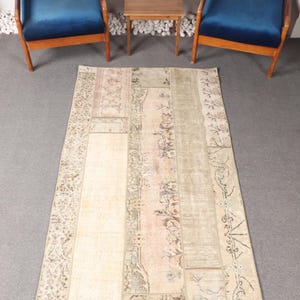 Vintage Entry Rug, 3.8x6.9 ft Oushak Patchwork Rug, Beige Geometric Turkish Rug, Faded Oriental Wool Rug