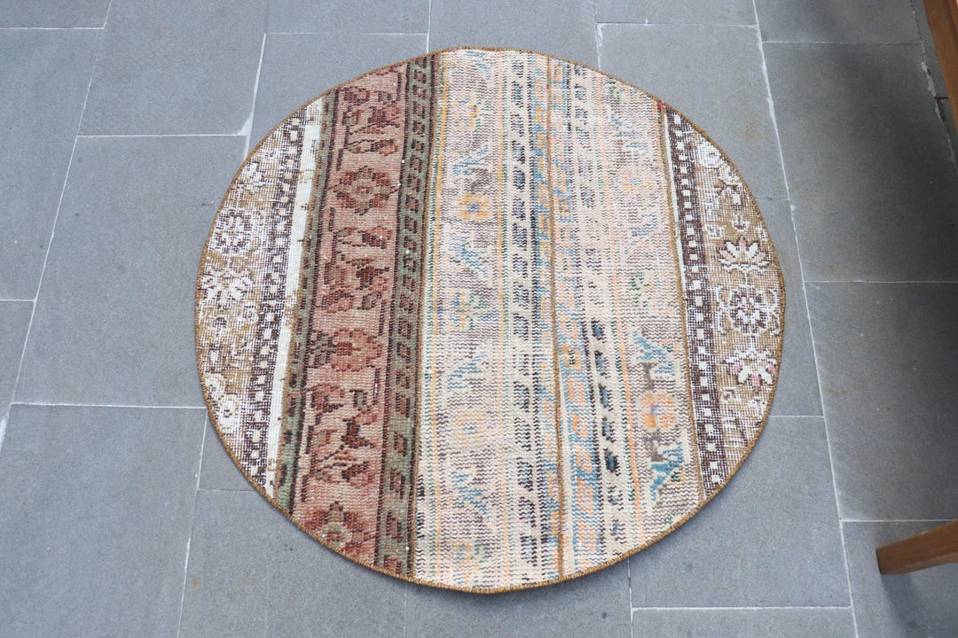 Turkish Vintage Rug 3x3 Ft (92x92 Cm), Brown Blue Patchwork Rug - Etsy