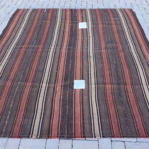 Vintage Turkish Area Rug, Striped Pattern, Earthy Brown and Red Tones, Handwoven, 7x8ft, Bohemian Home Decor