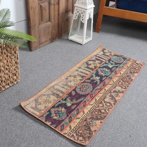 Vintage Rug Turkish Small Oushak Rugs For Bathroom 1.4x3.3 ft Brown Antique Patchwork Wool Farmhouse Decor Distressed Anatolian Bohemian