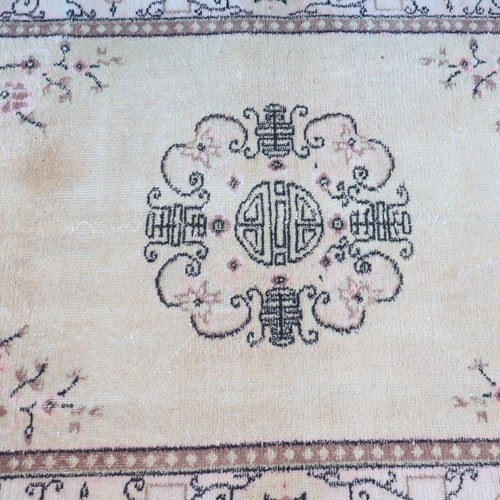 Turkish Rug, Floral Rug, 3.6x6.7 ft, Area Rug, Salon Rug, Handmade Rug, Beige Rug, Living Room Rug, Vintage Rug, Wool Rug,Oushak shops Rug,AO-5655