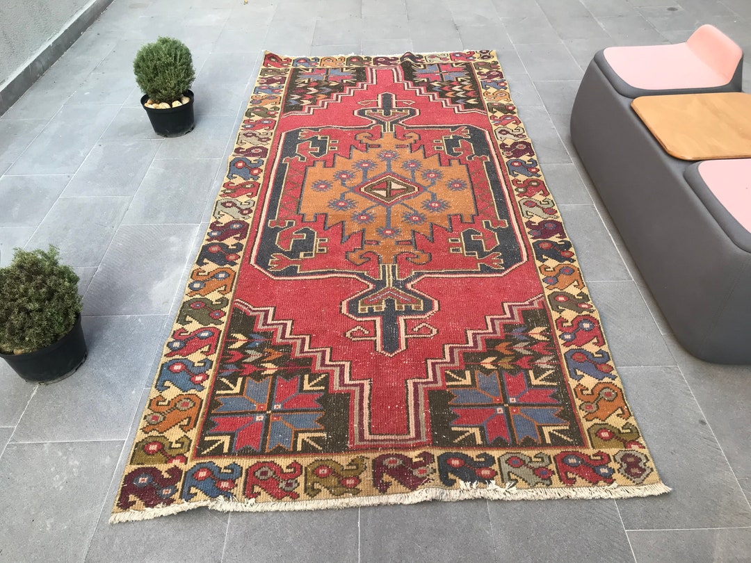 4.2x9 Ft Area Rugs, Turkish Rug, Vintage Rug, Turkish Area Rug, Red Antique Rugs, Rugs for