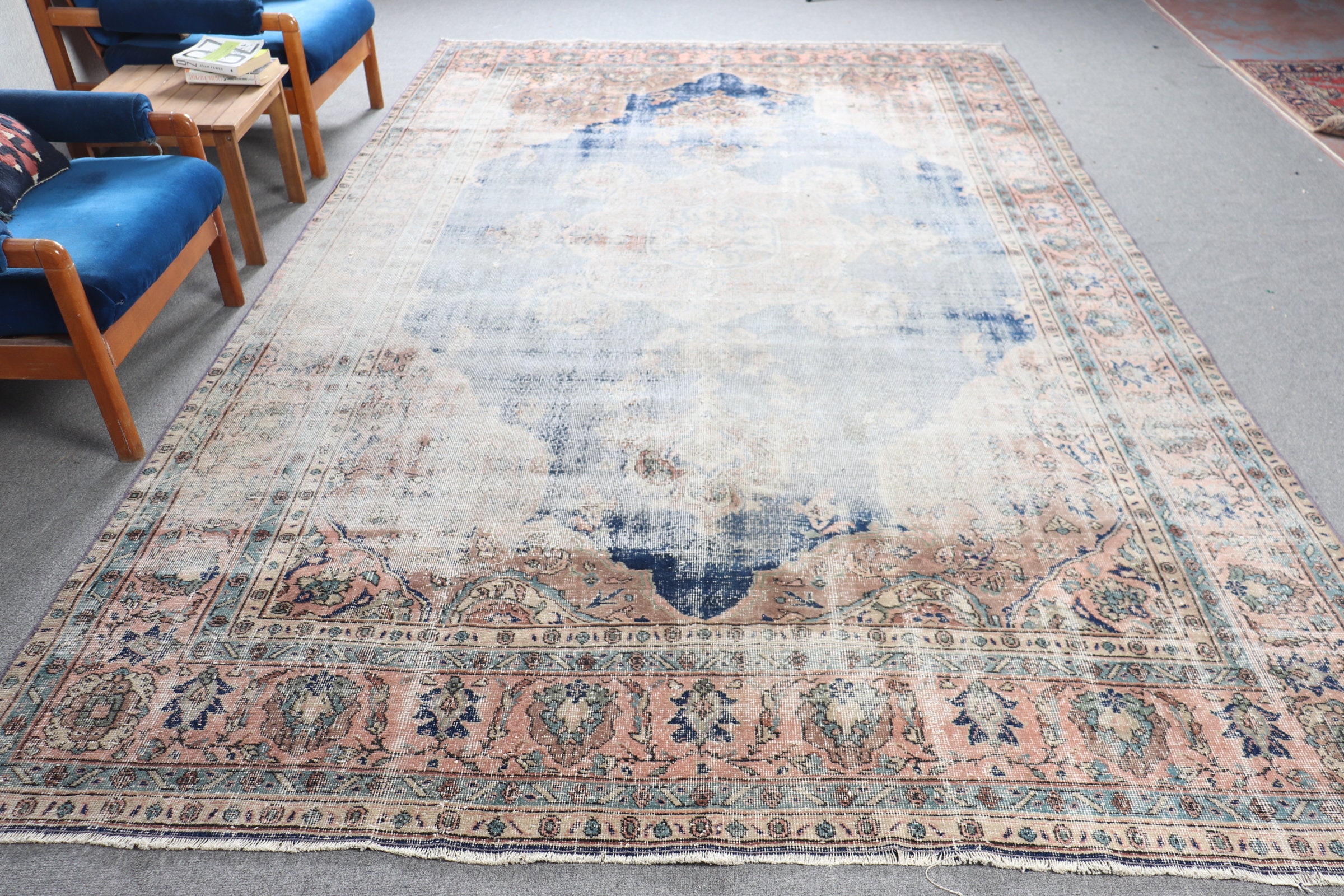 Turkish Rug 7.6x12.4 Ft, Blue White Floral Wool Vintage Rug - Etsy UK