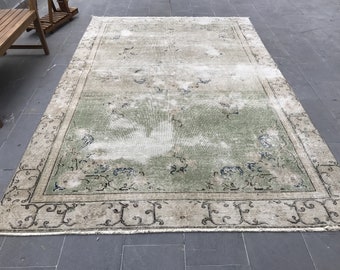 Alfombra de 6,7 x 10,2 pies, alfombra turca vintage, alfombra oriental gris verdosa.