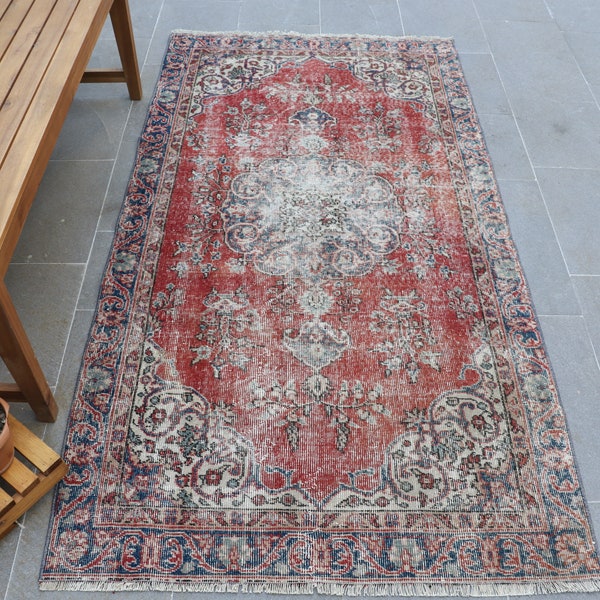 Rode Rug, Oushak Rug, 3.4x6.4 ft, Oosterse Rug, Vintage Rug, Turks Tapijt, Blauwe Rug, GebiedSrug, Diner Kamer Rug, Anatolische Rug, Rug AO- 2588