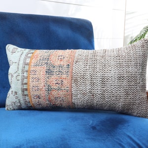 Turkish Kilim Pillow, Kilim Pillow Cover, 12x24 Vintage, Interior Designer Pillow, Blue Cushion, Rectangular Pillow, Patchwork Pillows,