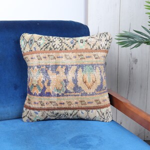 Boho Pillow Sham Cover, Kilim Pillow, 16x16 Throw Kilim Pillow, Ethnical Kilim Rug Pillow, Blue Pillow Cover, Patchwork Pillow, Rug Pillow,