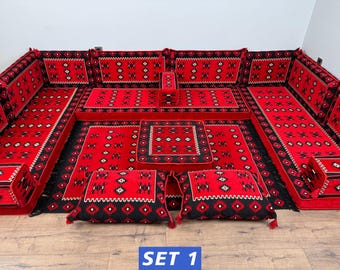 Crimson Folk Ottoman Sofa Set, Heritage Lounge Furniture, Low Corner Couch, Cozy Den Seating, Patterned Statement Sofa