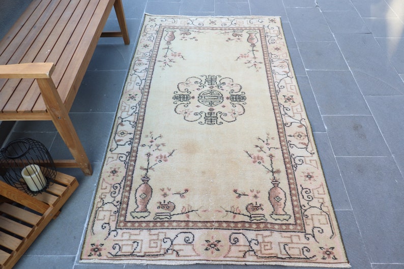 Turkish Rug, Floral Rug, 3.6x6.7 ft, Area Rug, Salon Rug, Handmade Rug, Beige Rug, Living Room Rug, Vintage Rug, Wool Rug,Oushak shops Rug,AO-5655