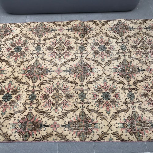 Shops Turkish Rug, 3.8 x 6.5 ft , Vintage Rug, Oushak Rug, Antique Rug, Turkey Carpet, Area Rug, Geometric Rug, Floral Rug, Designer Rug AO- 1294