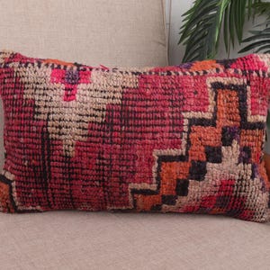 Boho Pillow Sham Cover, Turkish Kilim Pillow, 12x20 Handmade Kilim Cushion, Throw Kilim Pillow, Pink Pillow Cover, Bohemian Lumbar  Pillow,
