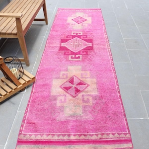 Vintage Turkish Runner Rug, 3x10ft, 92x303cm, Pink Decorative Rug, Corridor Rug, Handmade Turkish Carpet, Bohemian Home Decor, Hallway Rug