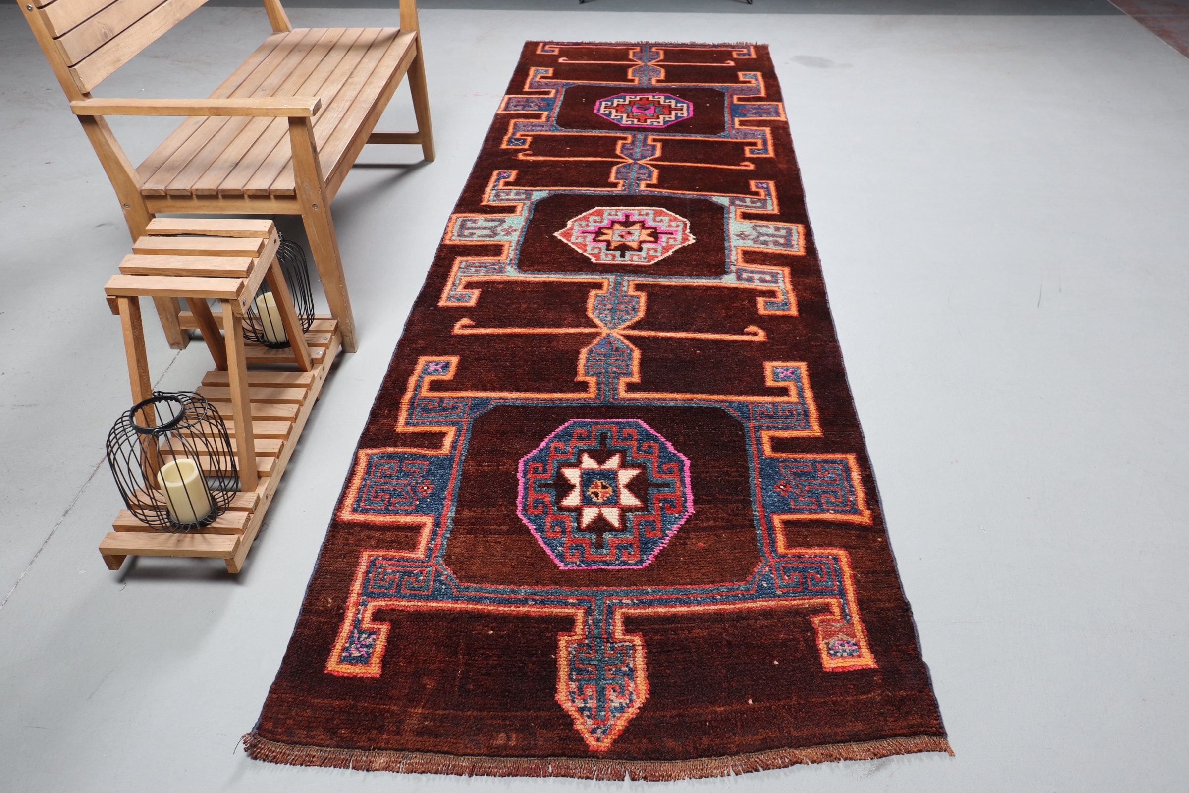 Tapis Runner, Tapis Turc, Vintage, Antique, Marron 45x142 Pouces, de Cuisine Faits à La Main, d'exté