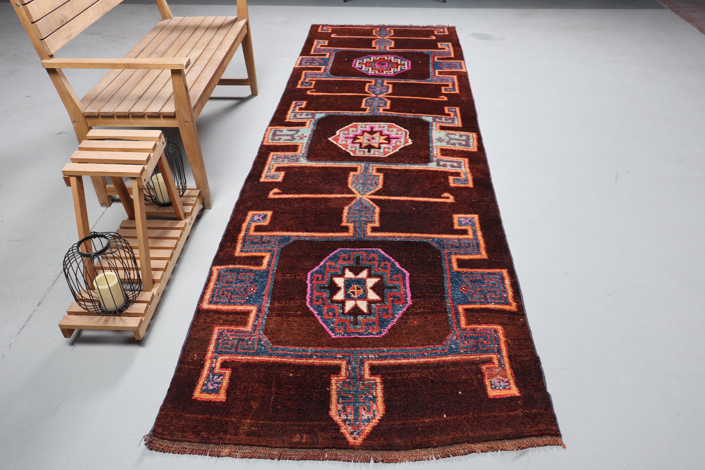 Tapis Runner, Tapis Turc, Vintage, Antique, Marron 45x142 Pouces, de Cuisine Faits à La Main, d'exté