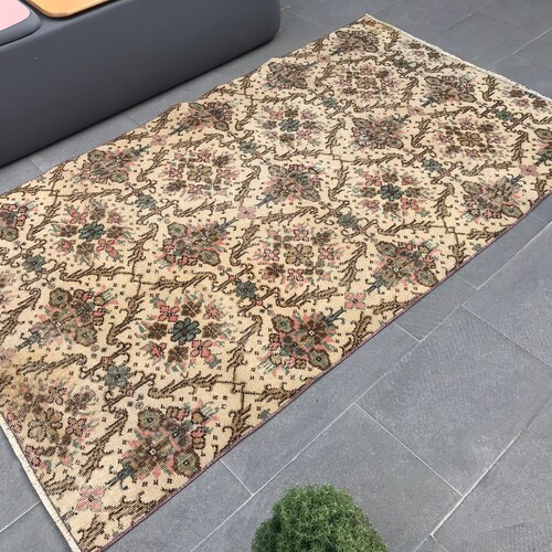 Shops Turkish Rug, 3.8 x 6.5 ft , Vintage Rug, Oushak Rug, Antique Rug, Turkey Carpet, Area Rug, Geometric Rug, Floral Rug, Designer Rug AO- 1294