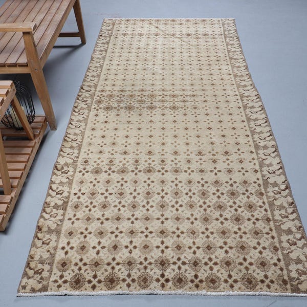 Vintage Turkse loper, 4 x 9 ft tapijt, Turks tapijt, vloerkleed slaapkamer, Anatolisch bruin tapijt, boho vloerkleed hal, handgemaakt vloerdecor