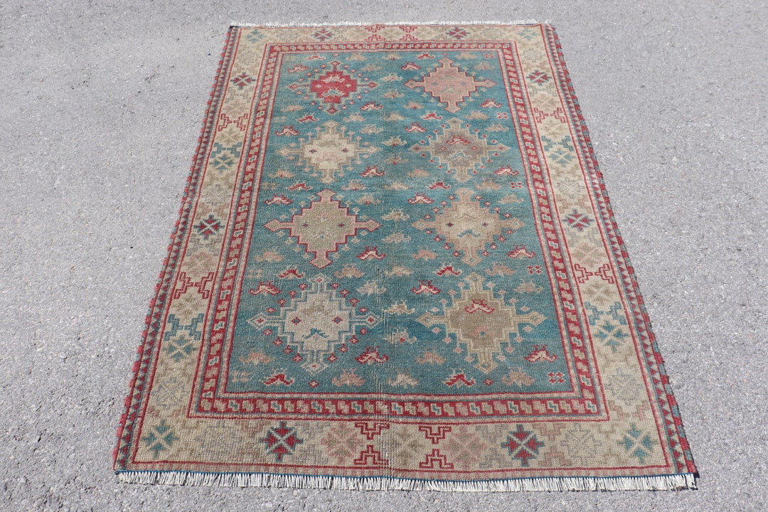 Oushak Rug, Rugs For Entry, 4x5.7 ft Accent Rugs, Vintage Decor, Blue ...