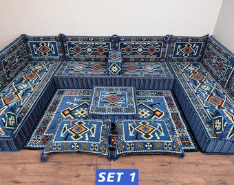 Ensemble de canapés de sol bleu bohème, canapé d'angle kilim géométrique, meubles de salon confortables, sièges de sol décoratifs, sièges ottomans tendance