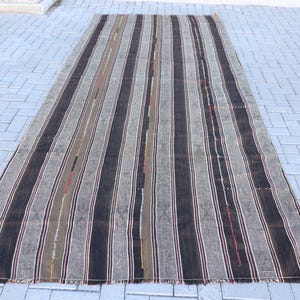 Vintage Turkish Area Rug, Striped Design, Earth Tones, Handmade Wool, 5x12ft