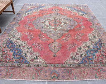 Alfombra turca vintage, tamaño extragrande de 270 x 369 cm (8,9 x 12,1 pies), alfombra de lana con estampado floral rojo.