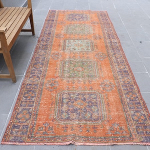 Vintage Rug, Oushak Rug, Orange Turkish Rug, 4x10 ft Runner Rugs, Kitchen Runner, Vintage Decor, Decorative Corridor Rug