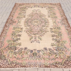 Turkish Rug, Vintage Rug, Large Carpet, Antique Design, 6x9ft, Beige Floral Pattern, Handmade Wool Anatolian Rug, Living Room Decor