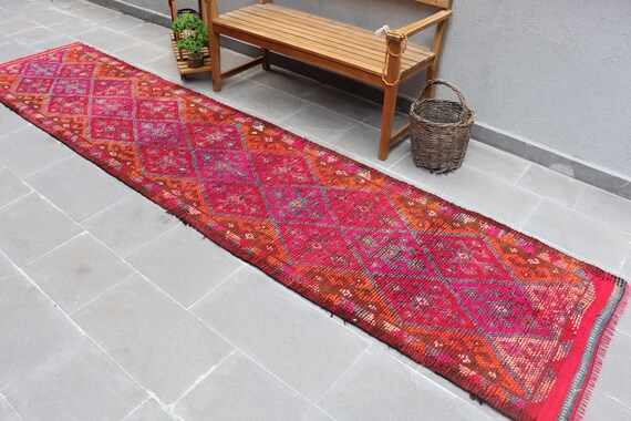 草花柄ランナーラグ　ヴィンテージラグ　トルコラグ トルコ製ヴィンテージラグ、2.8×12.9フィートのランナーラグ