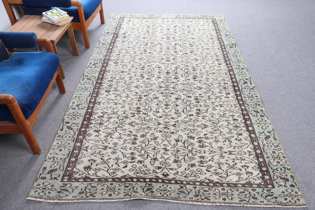 Turkish 5.1x8.8 Ft Rug, Large Vintage Rug, White Brown Bordered