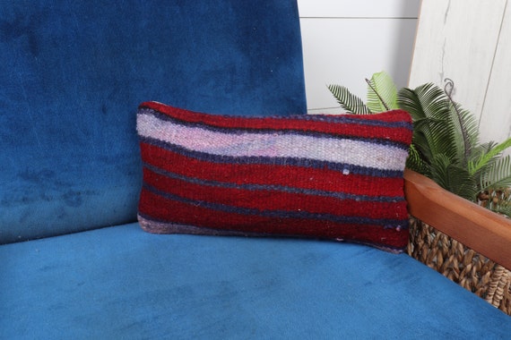 Vintage Kelim Kissenbezug, Boho Kissenbezug, 20x40 cm, Kelim Kissenbezug, rotes Kissen, Türstopper Kissen, gestreiftes Kissen