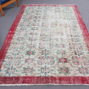 6x8 Large Rug, Turkish Rug, Vintage Rug, Worn Out Anatolian Rug, Rugs For Dining Room, 5.1x8 ft Beige Rug, Flower Patterned Oushak Rug,
