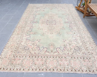 Alfombra vintage de 6,4 x 11,4 pies, alfombra turca extragrande, alfombra floral azul y rosa.