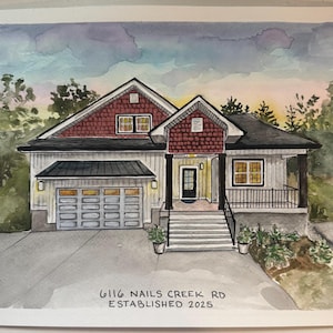 May include: Watercolor painting of a house with a red roof and white siding. The house has a garage and a front porch with a black door. The text "6116 NAILS CREEK RD ESTABLISHED 2025" is at the bottom.