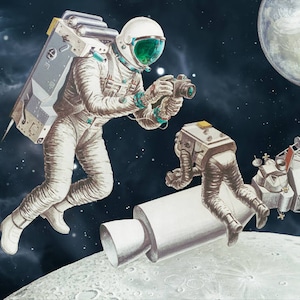 May include: A white astronaut with a camera in hand floats in space, taking a picture of a lunar module with another astronaut inside. The scene is set against a backdrop of stars and a distant planet.