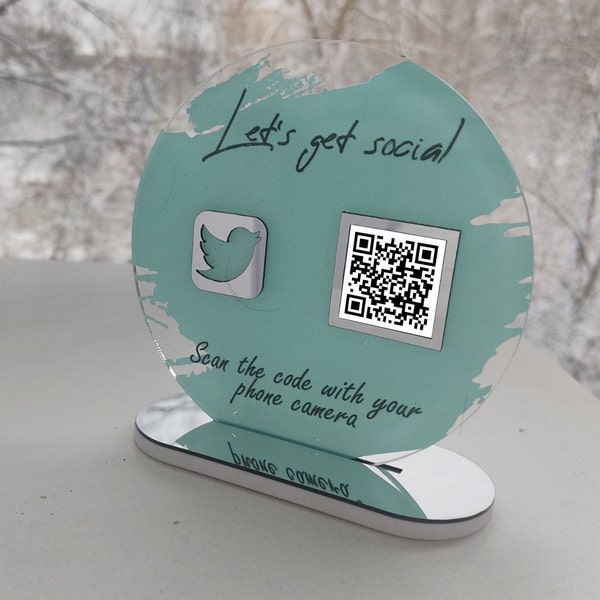 Social media sign Lets get sosial unique business card. Hashtag sign follow me QR Code Plaque Facebook sign. Beauty Signs, hairdressers sign