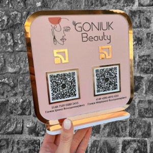 Scan, um personalisierte 3D-Acryl-Business-QR-Code-Schilder zu bezahlen. Visitenkarte Beauty qr Code, Hochzeit Hashtag Zeichen. Preisschild aus Acryl