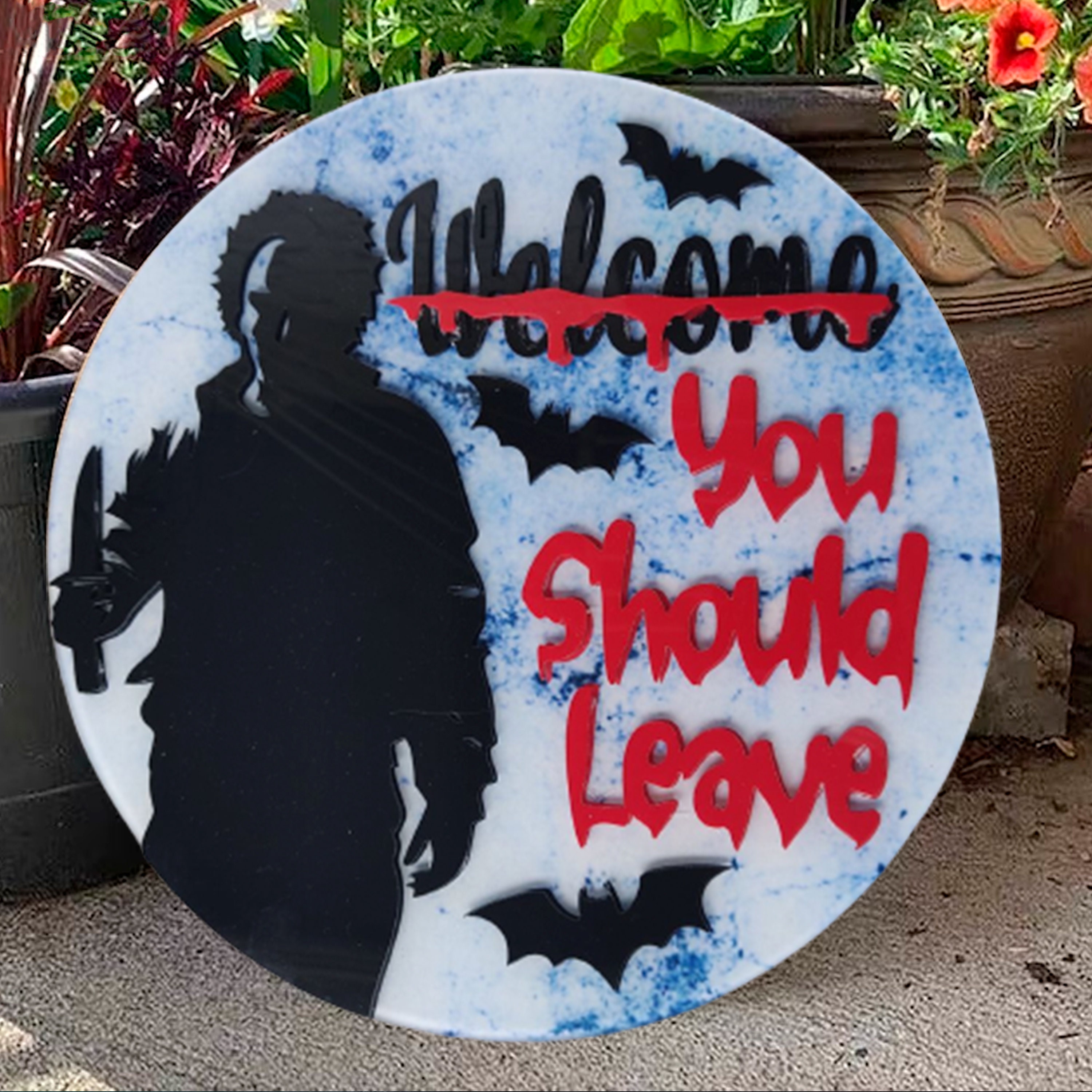 Halloween decoration sign Halloween round door hanger You Should Leave. Horror Characters Halloween Welcome Sign Street Decor Serial Killer
