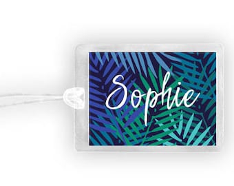 Tropical Luggage Tag, Personalized Luggage Tag, Monogram Luggage Tag, Palm Leaf Luggage Tag, Blue Luggage Tag, Vacation Gifts, Initial Tag,