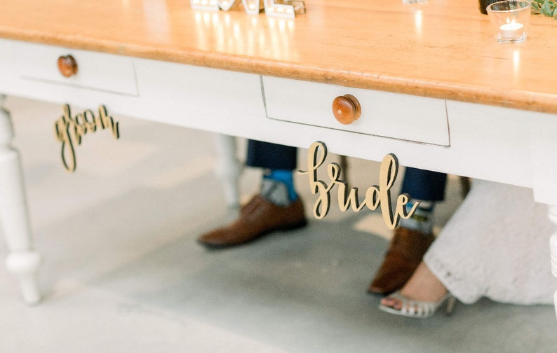 Laser cut Wood Bride /& Groom Chair Signs Calligraphy Wedding Sign