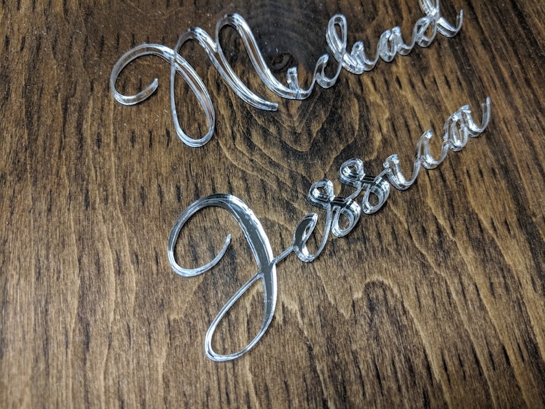 Lasercut Calligraphy Acrylic Names for Wedding Placecards Silver Acrylic Placecards