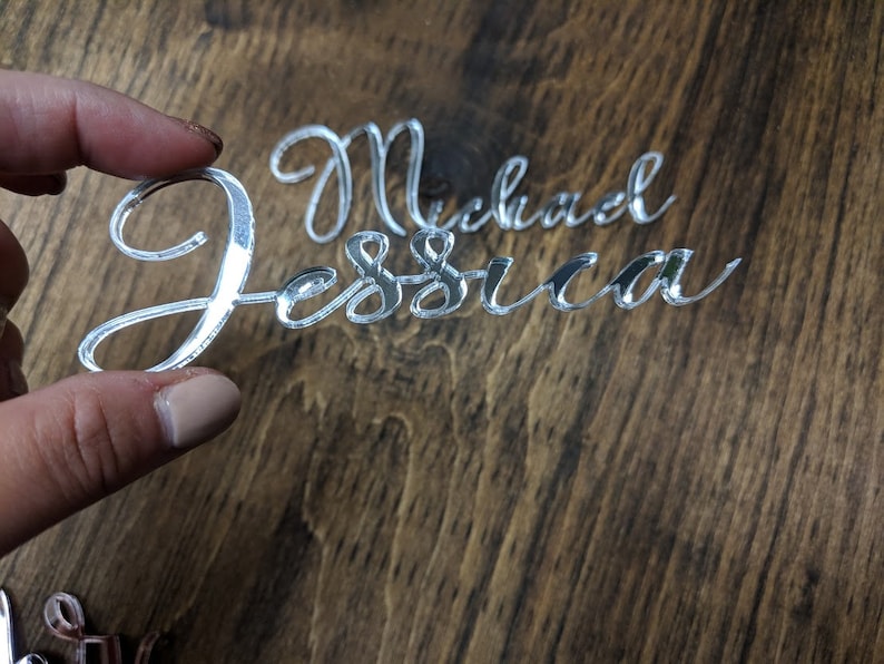 Lasercut Calligraphy Acrylic Names for Wedding Placecards Silver Acrylic Placecards