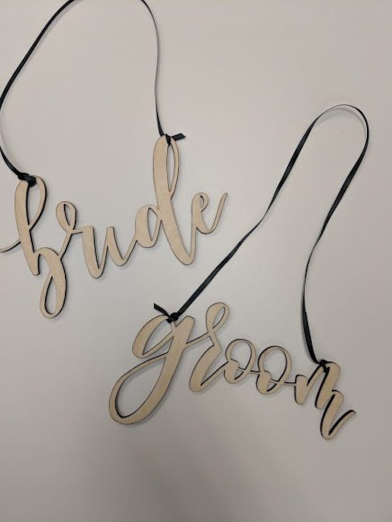 Laser cut Wood Bride /& Groom Chair Signs Calligraphy Wedding Sign