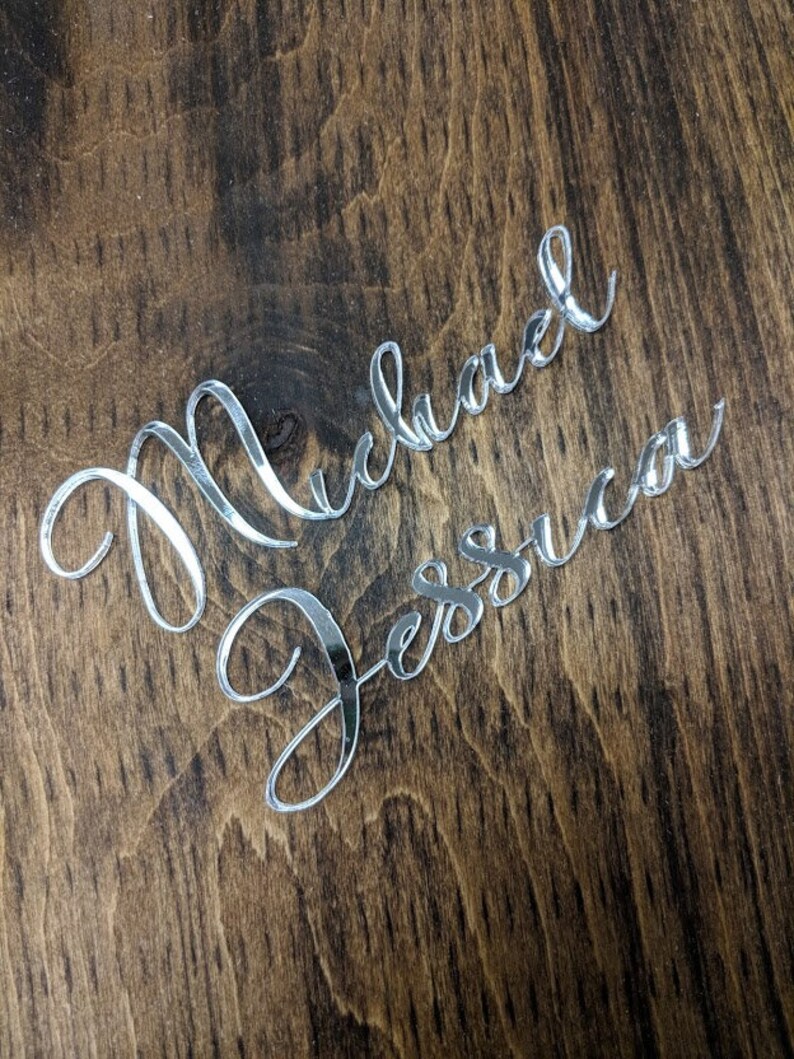 Lasercut Calligraphy Acrylic Names for Wedding Placecards Silver Acrylic Placecards