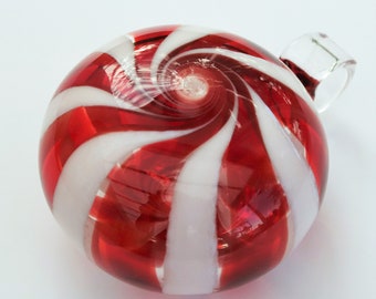 Peppermint Candy Ornament in red & white, Hand-Blown Glass Ornament, Handblown Holiday Ornament, Christmas Gift Idea, Starry Night Glass Art