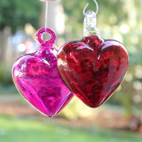 Heart Glass Ornament in Red or Fuscia Glass Heart Ornament | Etsy