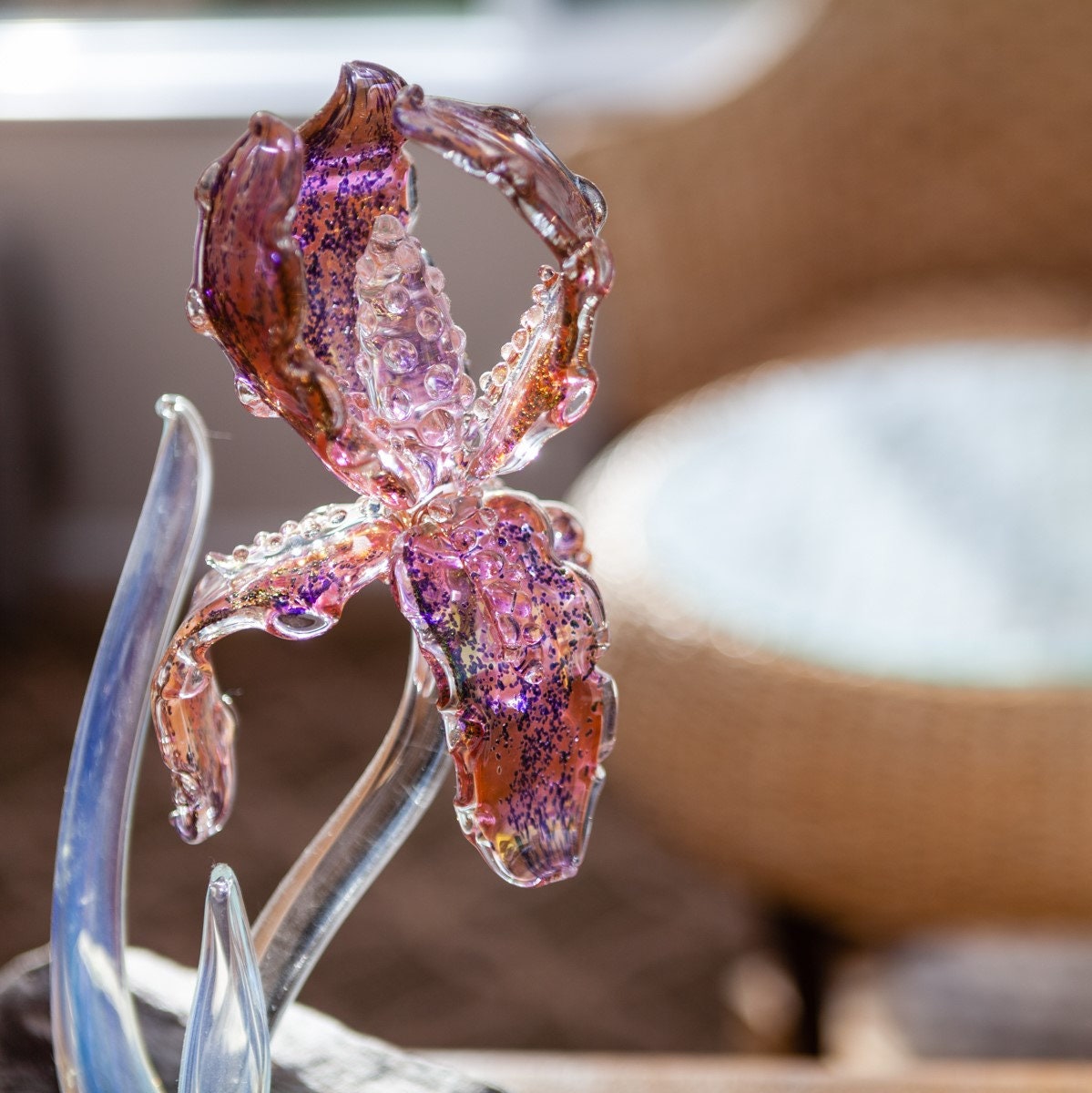 Solid Glass Bearded Iris with Driftwood Base| Iris Sculpture Art Glass Memorial Keepsake | Remembrance Iris Sculpture Glass Art