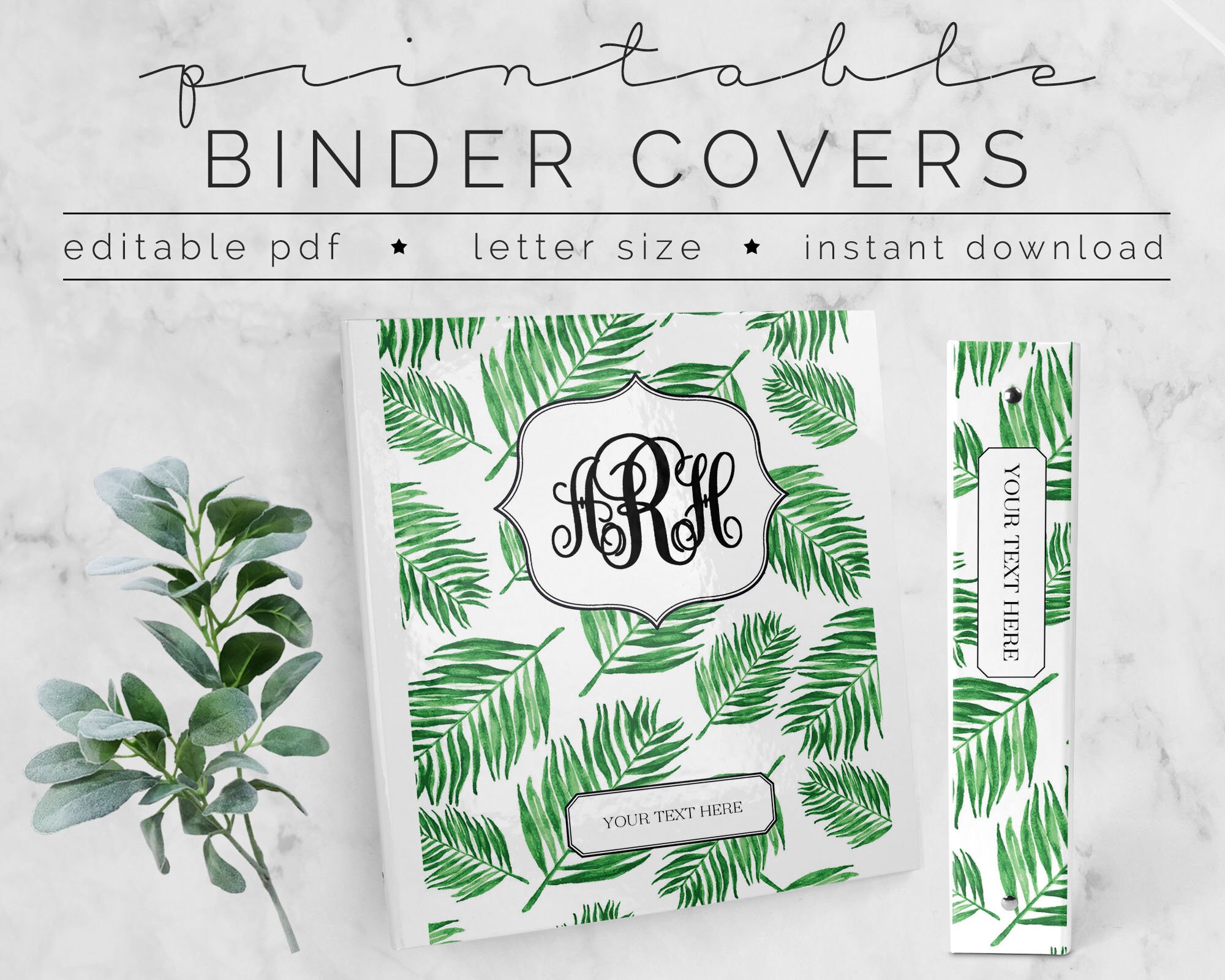 Palm- Printable Binder Covers - Monogram - Greenery - 8.5x11 - Editable ...