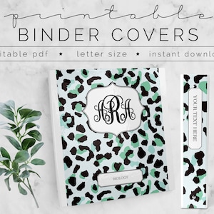 Mint Leopard - Cheetah - Printable Binder Covers - Monogram - Preppy Printable - 8.5x11 - Editable Text - PDF - Instant Download