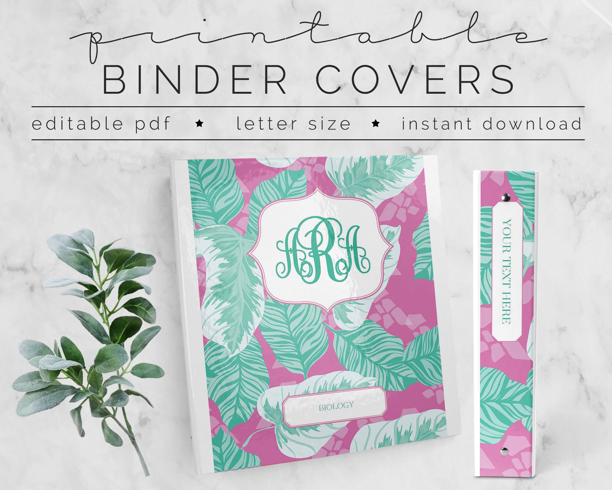 mint-tropical-palm-floral-printable-binder-covers-monogram-preppy-printable-8-5x11-editable-text-pdf-instant-download-etsy